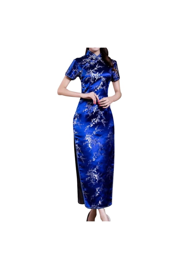 Women‘s Cheongsam Long Dress, Floral Faux Silk Maxi Dress – Bodycon Slim Fit with Stand Collar Qipao Dark Blue XXL