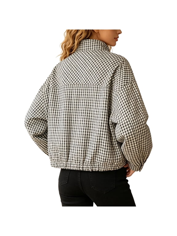 Women's Plaid Bomber Jacket, Zip-Up Collared Lightweight Fall Outerwear in Black and White, Casual Street Style Coat