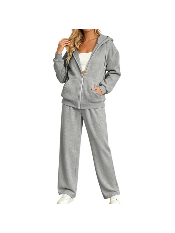 Women's Plus Size Zip Hoodie and Wide Leg Pants Set, Fleece Lined 2-Piece Tracksuit Loungewear