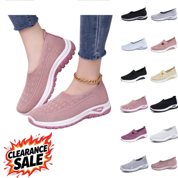 Huangx Women's Woven Orthopedic Breathable Soft Shoes Arch Support, Slip-On Lightweight Flat Soft Shoes Diabetic Foam Walking Shoes Pink