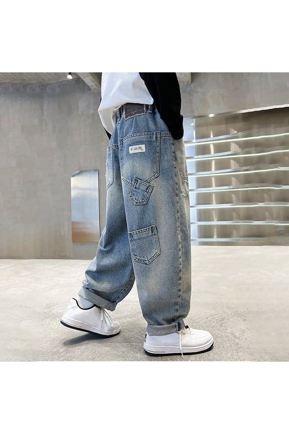 Boys Jeans Summer Kids Street Kids Baggy Straight Pants Boys Wide Legs Pocket Pants A School