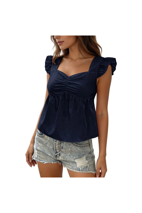 Flutter Sleeve Blouse Heart Neckline With Ruffle Detail Casual Feminine Top Lightweight Workout Shirts Women