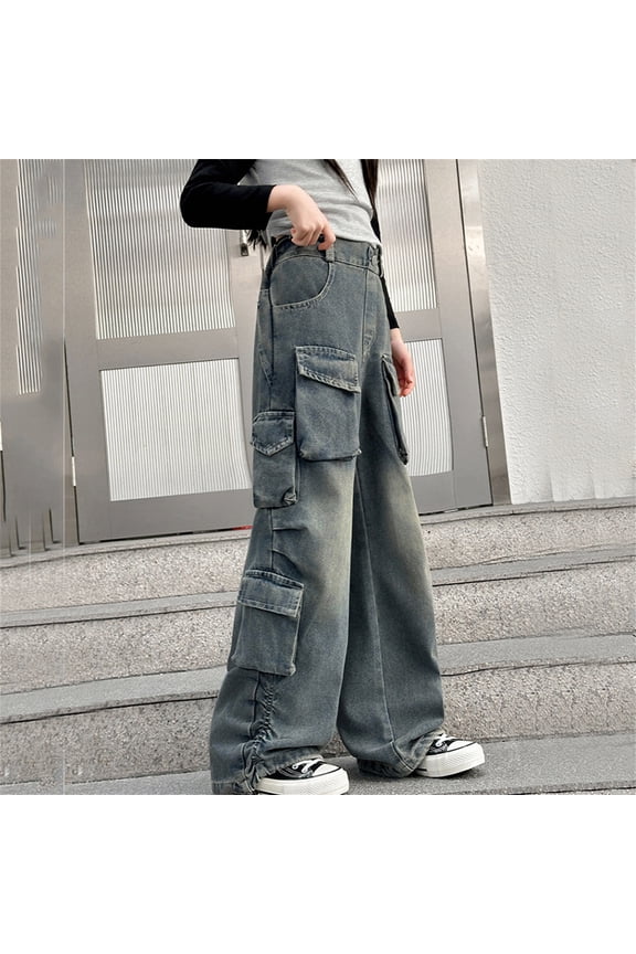 Girls Cargo Denim Pants Loose Wide Leg Style Heavy Duty Jeans For Toddler Big Kids Fall Arrivals Cat And Girls Leggings