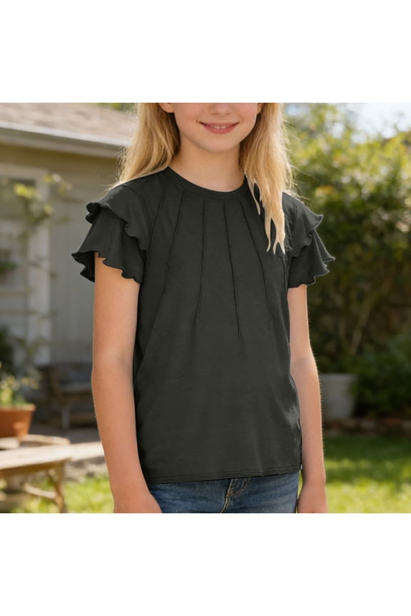 Girls Fashion Casual Top With Ruffle And Pull String Detail Pure Color Short Sleeve Tee For Everyday Wear Tops Layering