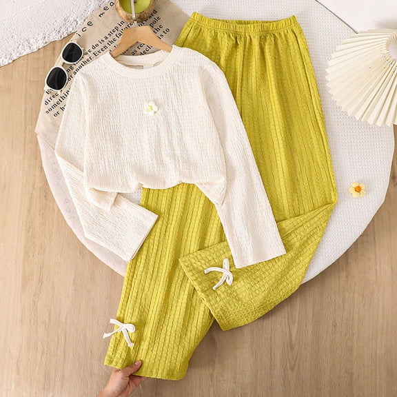 Huangxinggg Girls Outfits 2 Piece Set Long Sleeve Top With 3D Floral Design And Bow Pants Toddler Clothes Autumn Casual Wear Female Baby Clothes