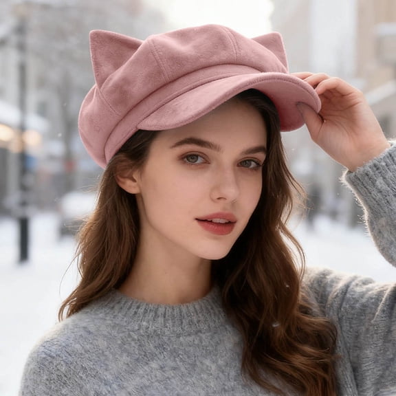 Huangxinggg Stylish Beret Hat With Cat Ear Design Japanese Solid Color Cute Eight Cap For Fashion Daily Wear 1940s Womens Hat