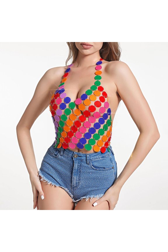 Tanks And Acrylic Shiny Sequined Hollow Neck Top For Party Sleep Camisole