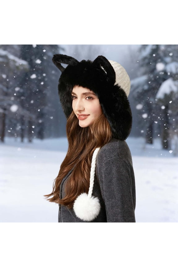 Winter Knit Hat With Cat Ears Cozy Lined Ear Trapper Hat For Outdoor Cold Weather Thermal Cap Plaid Hat Women