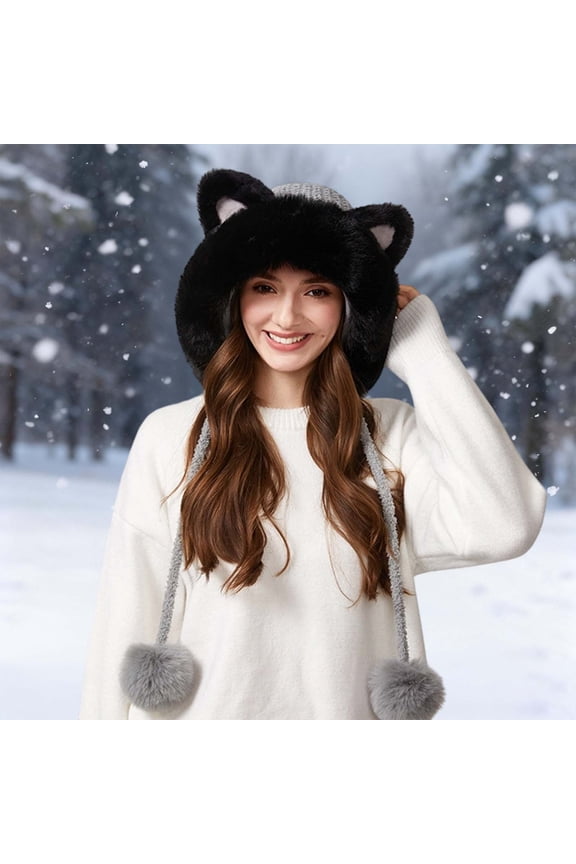 Winter Knit Hat With Cat Ears Cozy Lined Ear Trapper Hat For Outdoor Cold Weather Thermal Cap Plaid Hat Women