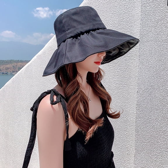 Huangxinggg Women's Empty Top Sun Hat Summer Leisure Travel Large Sunscreen Black Rubber Fisherman Hat Women for Beach