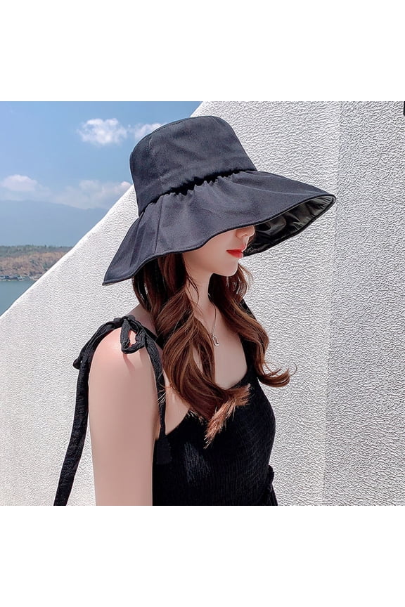 Women's Empty Top Sun Hat Summer Leisure Travel Large Sunscreen Black Rubber Fisherman Hat Women for Beach