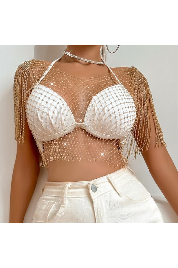 Women’s Rhinestones Crop Tank Top Sleeveless Fringe Shawl Wrap See Through Bikini Cover Up Mesh Body Chain Compression Shirt Womens