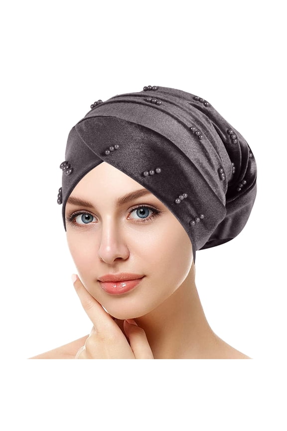 Womens Large Elastic Solid Color Comfortable Flat Hat Pearl Cap Nail Bead Pile Cap Breathable Hat