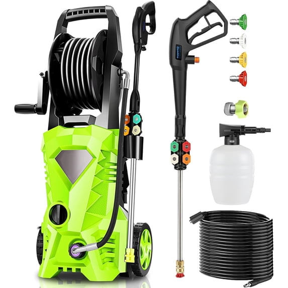 Huanherad 5000PSI Electric Pressure Washer 3.0GPM Power Washer with 33ft Hose Reel, 4 Tips, Foam Cannon, Best Pressure Washer for Cars, Home use, Green