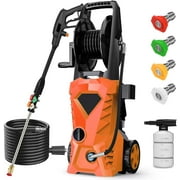 5000PSI Electric Pressure Washer - 2025 New Electric Power Washer with Upgraded 33ft Pressure Washer Hose Reel, Foam Cannon, 4 Nozzle Set, Power Washer for House/Patios/Car/Fence, Orange