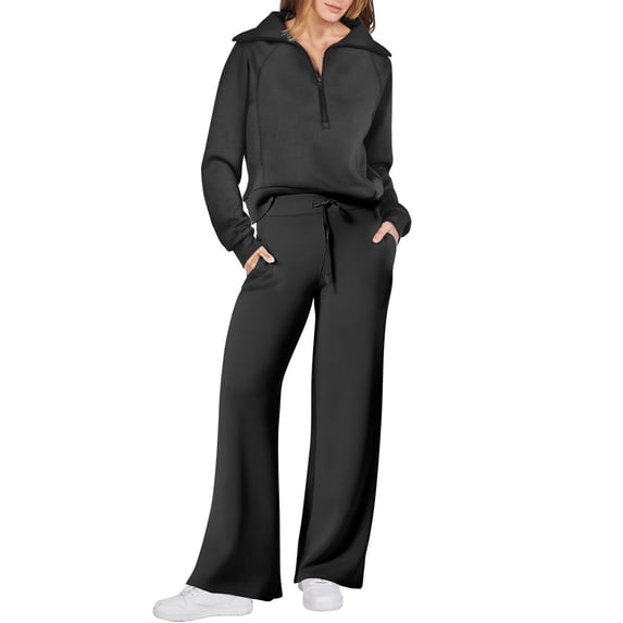 Huankd 2 Piece Sets for Women 2025 Fall Outfits Sweatsuit Oversized Sweatshirt Wide Leg Sweatpants Matching Set Tracksuit Black 2XL