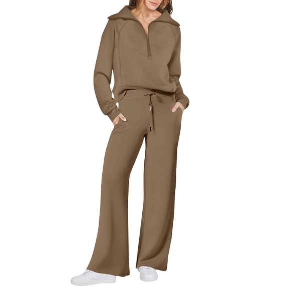 Huankd 2 Piece Sets for Women 2025 Fall Outfits Sweatsuit Oversized Sweatshirt Wide Leg Sweatpants Matching Set Tracksuit Khaki 2XL