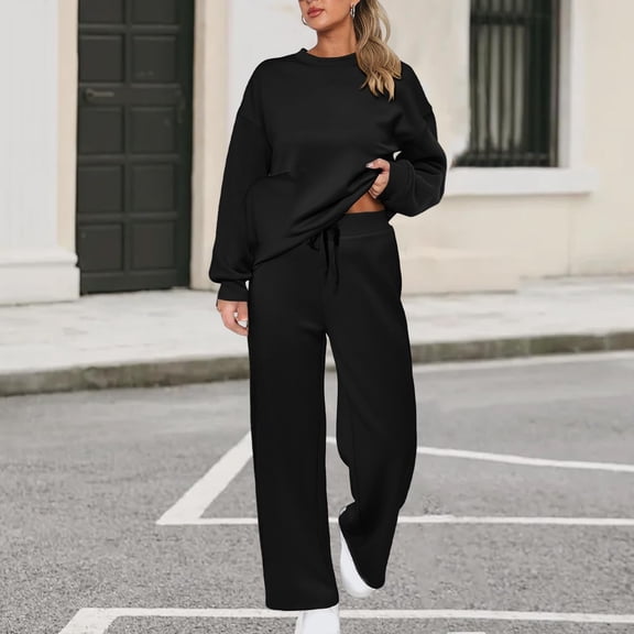 Huankd 2 Piece Sets for Women Spring Trendy Long Sleeve Sweatshirt Wide Leg Pants Loungewear Set Matching Sweatsuit Black S