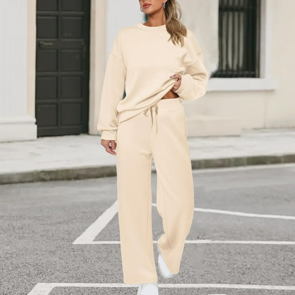 Huankd 2 Piece Sets for Women Spring Trendy Long Sleeve Sweatshirt Wide Leg Pants Loungewear Set Matching Sweatsuit Khaki 3XL