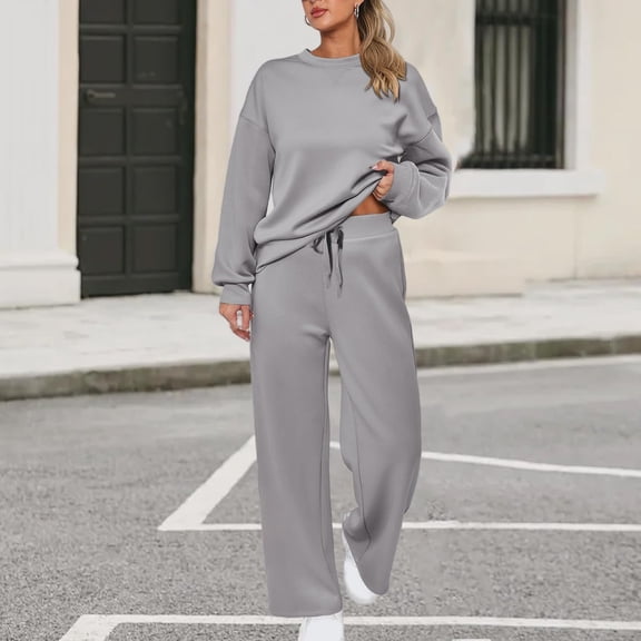 Huankd 2 Piece Sets for Women Spring Trendy Long Sleeve Sweatshirt Wide Leg Pants Loungewear Set Matching Sweatsuit Light Gray 2XL