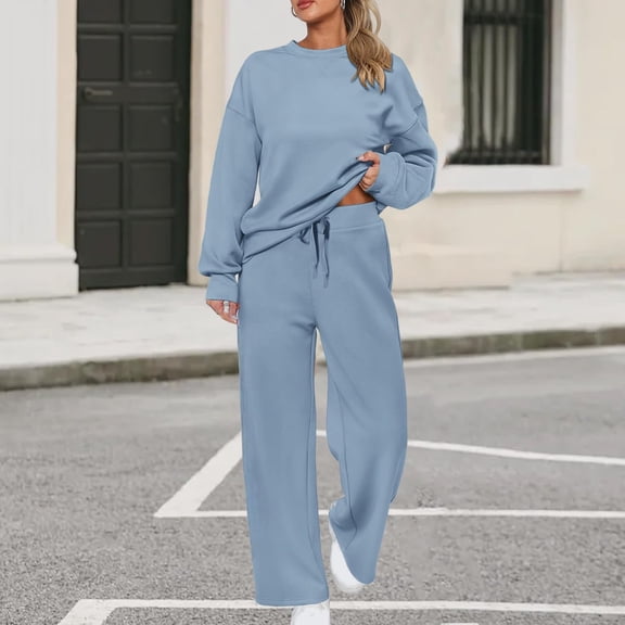 Huankd 2 Piece Sets for Women Spring Trendy Long Sleeve Sweatshirt Wide Leg Pants Loungewear Set Matching Sweatsuit Sky Blue 3XL