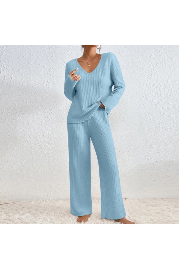 2 Piece Sweater Sets for Women Dressy V Neck Long Sleeve Knit Sweater Wide Leg Pants Sweatsuit Spring Lounge Wear Blue XL