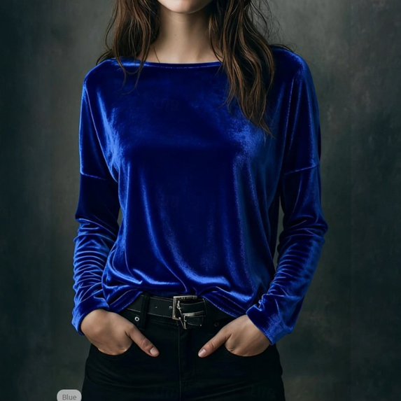 Huankd 2026 New Velvet Tops for Women Dressy Vintage Long Sleeve Shirts Loose Fit Velour Blouse Crewneck Solid Holiday Party Fashion Blue 2XL