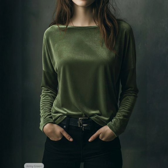 Huankd 2026 New Velvet Tops for Women Dressy Vintage Long Sleeve Shirts Loose Fit Velour Blouse Crewneck Solid Holiday Party Fashion Dark Green 3XL