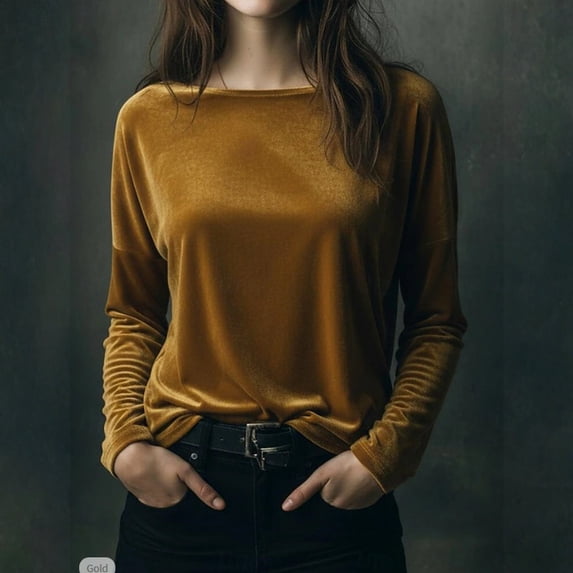 Huankd 2026 New Velvet Tops for Women Dressy Vintage Long Sleeve Shirts Loose Fit Velour Blouse Crewneck Solid Holiday Party Fashion Light Brown 3XL