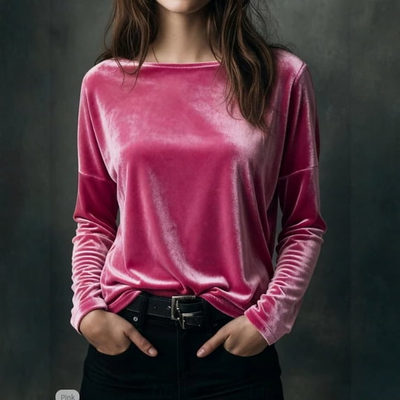 Huankd 2026 New Velvet Tops for Women Dressy Vintage Long Sleeve Shirts Loose Fit Velour Blouse Crewneck Solid Holiday Party Fashion Pink 2XL