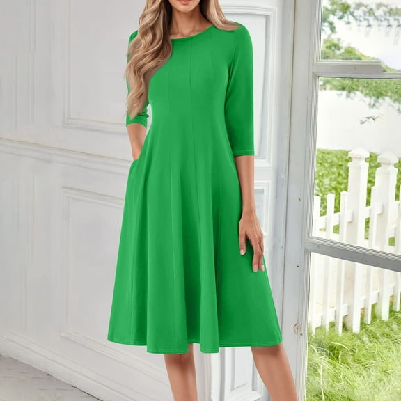 Huankd 3/4 Sleeve Dress for Women Crew Neck Pockets Vintage A-Line Swing Midi Dresses Green M