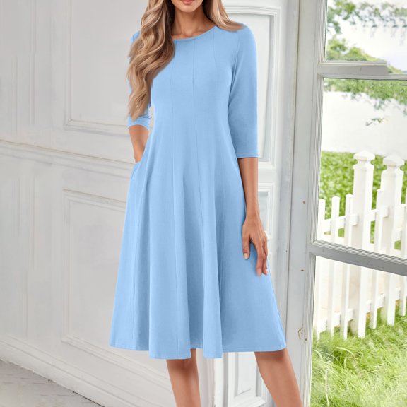 Huankd 3/4 Sleeve Dress for Women Crew Neck Pockets Vintage A-Line Swing Midi Dresses Light Blue S