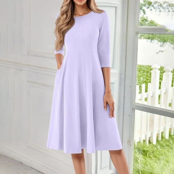 Huankd 3/4 Sleeve Dress for Women Crew Neck Pockets Vintage A-Line Swing Midi Dresses Light Purple S