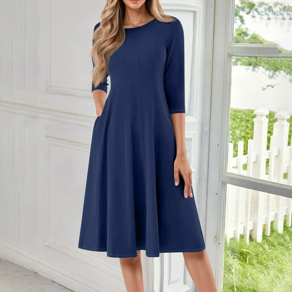 Huankd 3/4 Sleeve Dress for Women Crew Neck Pockets Vintage A-Line Swing Midi Dresses Navy L