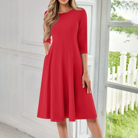 Huankd 3/4 Sleeve Dress for Women Crew Neck Pockets Vintage A-Line Swing Midi Dresses Red M