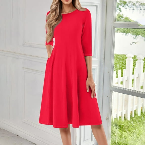 Huankd 3/4 Sleeve Dress for Women Crew Neck Pockets Vintage A-Line Swing Midi Dresses Vermilion L