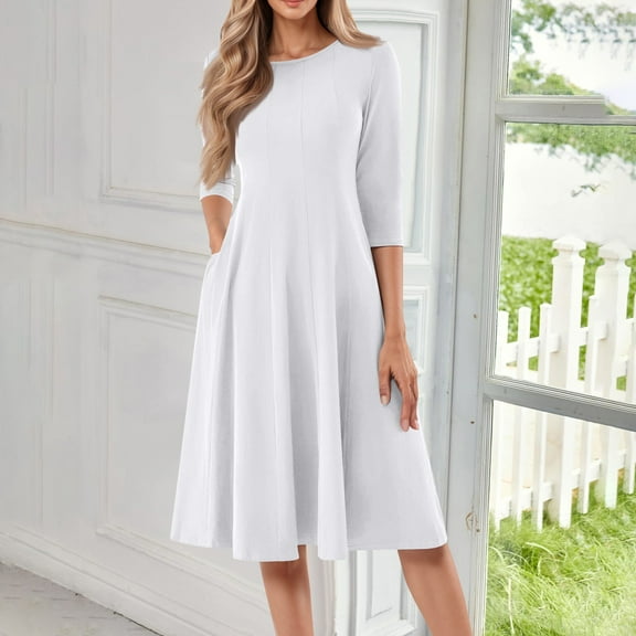 Huankd 3/4 Sleeve Dress for Women Crew Neck Pockets Vintage A-Line Swing Midi Dresses White L