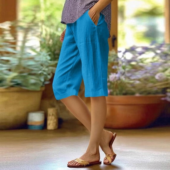 Huankd Bermuda Shorts For Women Linen Shorts Knee Length Elastic Waist Long Shorts Casual Summer Shorts Petite Capri Pants Dressy Beach Comfy Pull On Shorts With Pockets Blue S