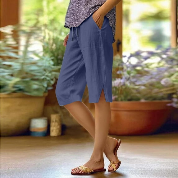 Huankd Bermuda Shorts For Women Linen Shorts Knee Length Elastic Waist Long Shorts Casual Summer Shorts Petite Capri Pants Dressy Beach Comfy Pull On Shorts With Pockets Navy S