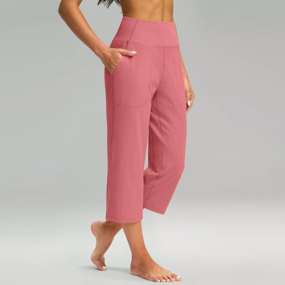 Huankd Capri Pants For Women Wide Leg Yoga Pants Plus Size Petite Pants High Waisted Dress Pants Loose Dressy Casual Cropped Pant Stretchy Summer Tummy Control Leggings With Pocket Watermelon Red 2XL