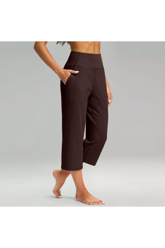 Capri Pants For Women Wide Leg Yoga Pants Plus Size Petite Pants High Waisted Dress Pants Loose Dressy Casual Cropped Pants Stretchy Summer Tummy Control Leggings With Pocket Brown L 19"
