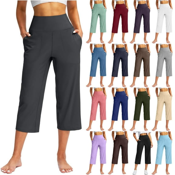 Huankd Capri Pants For Women Wide Leg Yoga Pants Plus Size Petite Pants High Waisted Dress Pants Loose Dressy Casual Cropped Pants Stretchy Summer Tummy Control Leggings With Pocket Black 2XL 20"