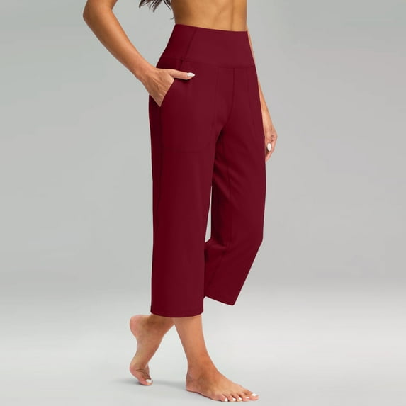 Huankd Capri Pants For Women Wide Leg Yoga Pants Plus Size Petite Pants High Waisted Dress Pants Loose Dressy Casual Cropped Pants Stretchy Summer Tummy Control Leggings With Pocket Wine S