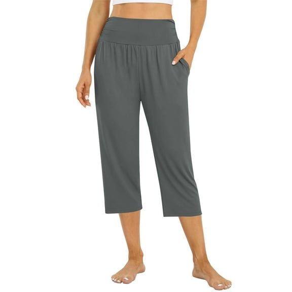 Huankd Capri Pants For Women Wide Leg Yoga Pants Plus Size Petite Pants High Waisted Dress Pants Loose Dressy Casual Cropped Pants Stretchy Summer Tummy Control Leggings With Pocket Gray L