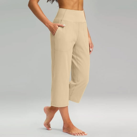Huankd Capri Pants For Women Wide Leg Yoga Pants Plus Size Petite Pants High Waisted Dress Pants Loose Dressy Casual Cropped Pants Stretchy Summer Tummy Control Leggings With Pocket Beige 2XL 20"