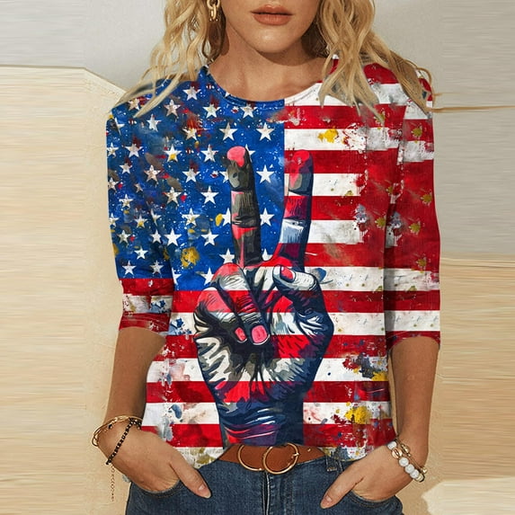 Xdegoge Cancel Order Online Delivery Placed Today Fourth of July Shirts for Women 3/4 Sleeve Shirts Patriotic American Flag T Shirt Star Graphic Striped Blouse Usa T Shirt Summer Tops Clearance