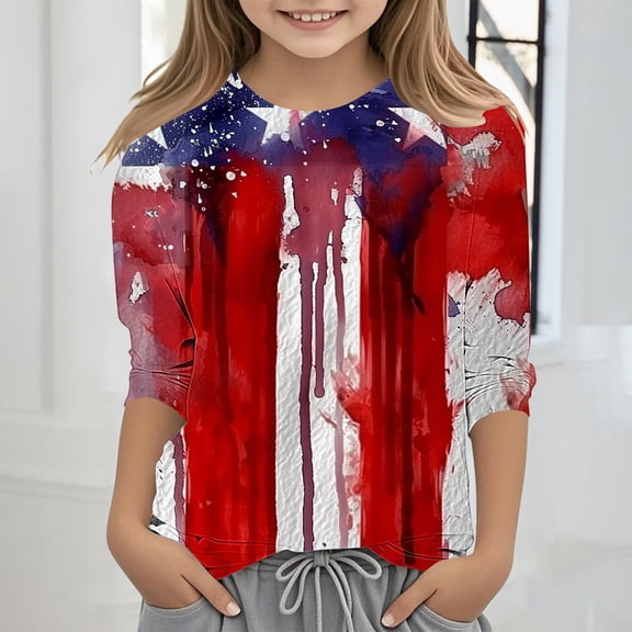 Xdegoge 4Th of July Clothes for Girls Boys Kids American Flag Shirt Stars Strips Usa Tee Shirt 3/4 Sleeve Summer Tops Raglan Crewneck Patriotic Shirts 3 Years Old Girl Gift