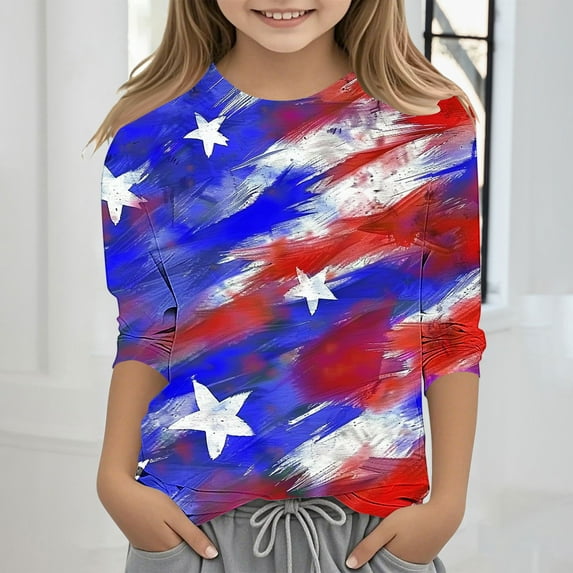 ofertas En 4Th of July Clothes for Girls Boys Kids American Flag Shirt Stars Strips Usa Tee Shirt 3/4 Sleeve Summer Tops Raglan Crewneck Patriotic Shirts 5 Years Old Girl Gift
