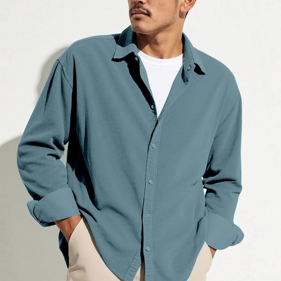 Huankd Corduroy Shirt for Men Retro Style Long Sleeve Casual Button Down Shirt Spread Collar Spring Fall Workwear Blue 3XL