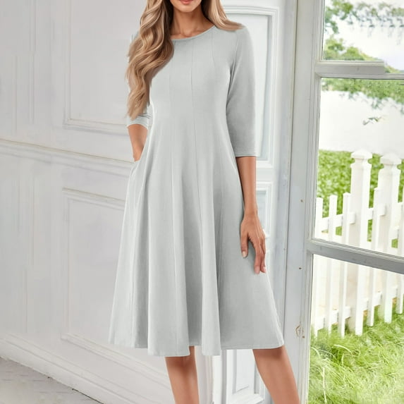 Huankd Dress for Women 3/4 Sleeve Crew Neck Pockets Vintage A-Line Swing Midi Dresses Light Gray XL